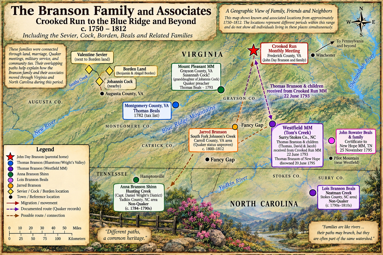 Map showing the Branson family and associates from Crooked Run to the Blue Ridge and beyond, circa 1750 to 1812