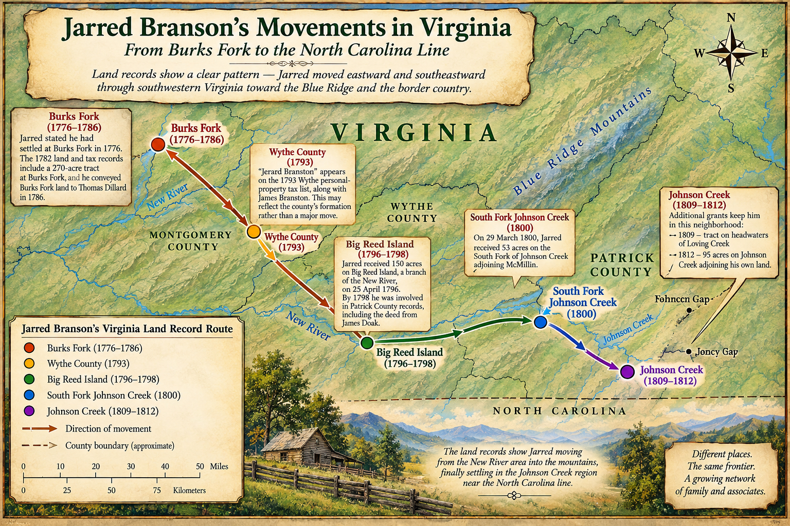 Map of Jarred Branson movements in Virginia from Burks Fork to the North Carolina line